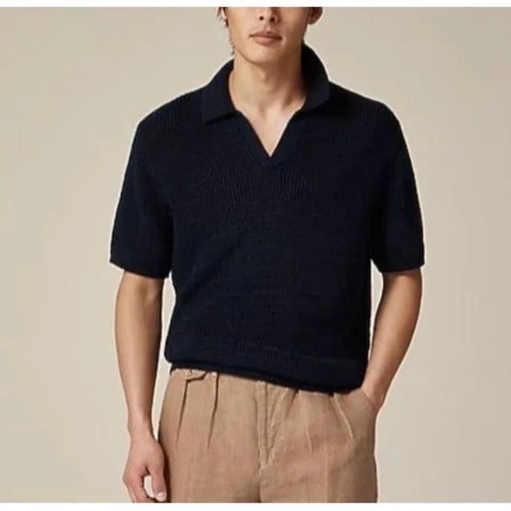 J Crew MEDIUM Navy Indigo Stretchy Knit Short sleeve Collar Sweater Polo NEW